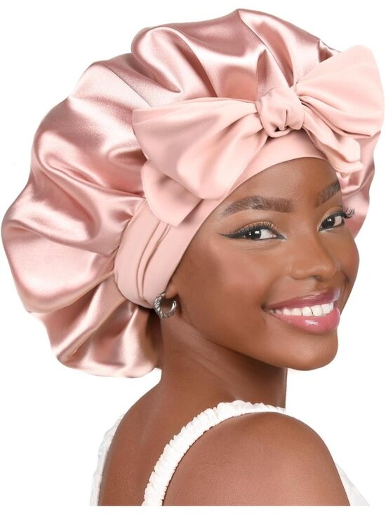 Women Pink Double Layer Hair Wrap Reduce Friction Prevent Frizz Satin Bonnet